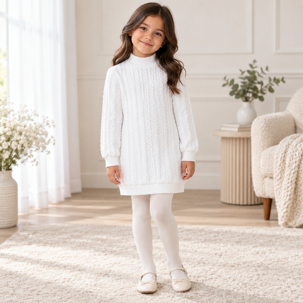SHEIN Sweater Dress Girls Size 7Y White Cable Knit Mock Neck Long Sleeve GF-0139